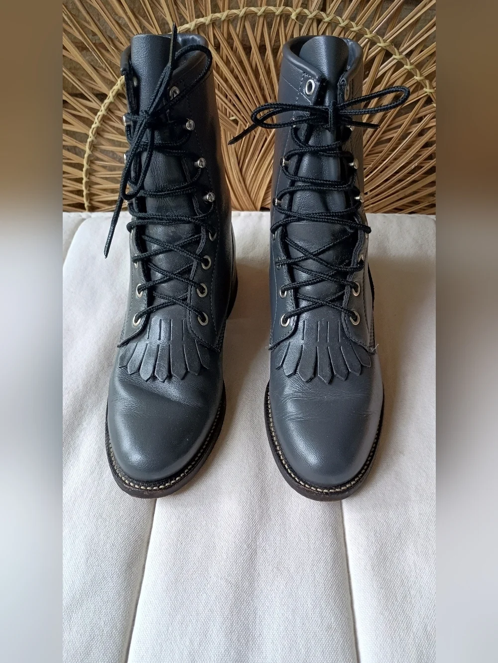 Justin Roper Boots Black Leather Lace-Up Ankle Booties with Fringe Kiltie_5.5